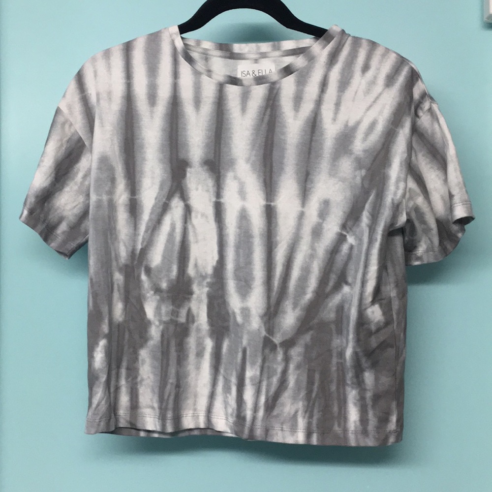 Isa & Ella Tie Dye gray white midriff top Sz L NWT